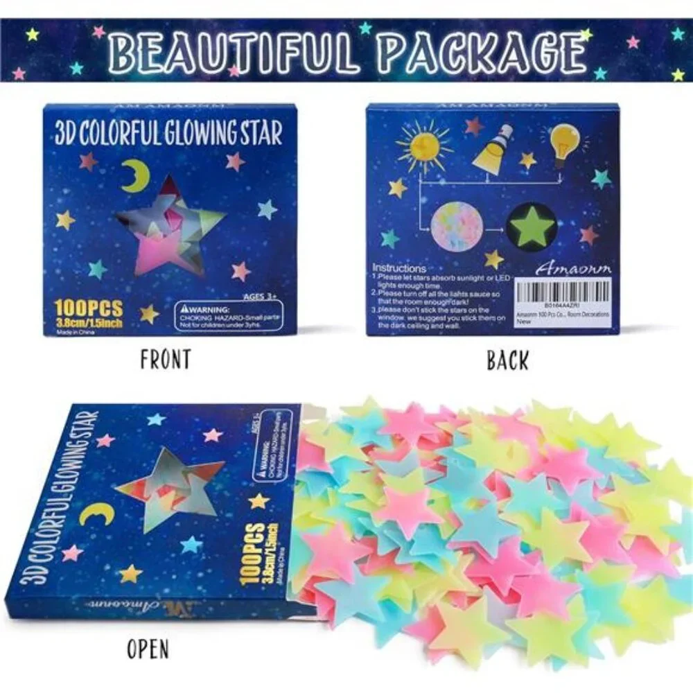 100 Pcs Colorful Glow in The Dark Luminous Stars Fluorescent